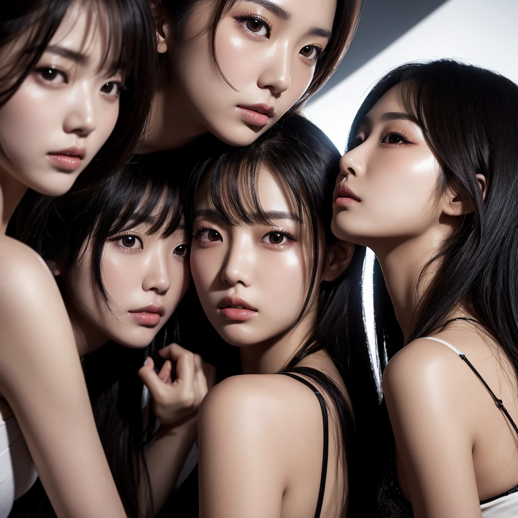 Close-up shot of three Korean beauties with seductive expressions。This scene is intense and dramatic.、Strobe lighting and strong backlighting create high contrast visuals。The women's faces are highlighted、It expresses an intense and captivating gaze.。」