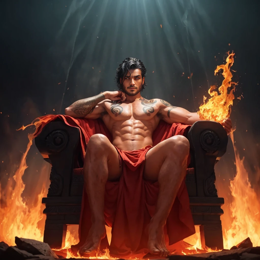 Relaxing on a fiery throne, the god of fire, a handsome tribal man with black hair, exudes power with intense glowing eyes and tribal tattoos. His pose is majestic, bathed in dramatic cinematic lighting, creating an atmosphere of divine authority. Large pectorals, open legs