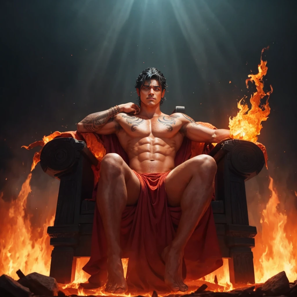 Relaxing on a fiery throne, the god of fire, a handsome tribal man with black hair, exudes power with intense glowing eyes and tribal tattoos. His pose is majestic, bathed in dramatic cinematic lighting, creating an atmosphere of divine authority. Large pectorals, open legs