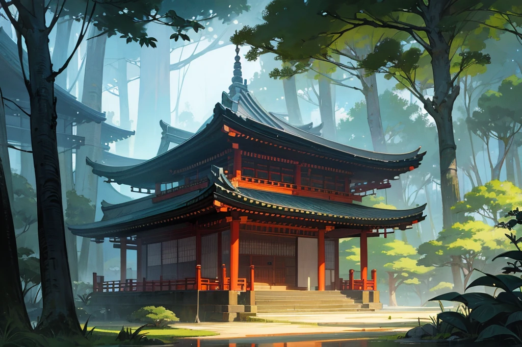 oriental building, masterpiece, japanese, forest, rainforest