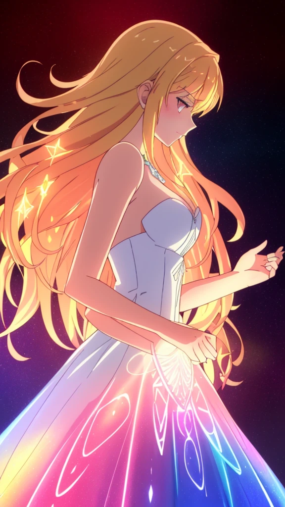 beautiful girl, puffy tiered ballgown, vibrant pastel colors,(20years old,madure female),(angry),closed mouth,white dress,cleavage,sleeveless,((glowing blonde long hair)), magical lights, sparkling magical liquid, inspired by Glen Keane, inspired by Lois van Baarle, disney art style, by Lois van Baarle, glowing aura around her, by Glen Keane, jen bartel, glowing lights! digital painting, flowing glowing hair, glowing flowing hair, beautiful digital illustration, fantasia background, whimsical, magical, fantasy, ((masterpiece, best quality)), intricate details, highly detailed, sharp focus, 8k resolution, sparkling detailed eyes, liquid watercolor,red theme,red moon,forest,night,profile,(extra arms)