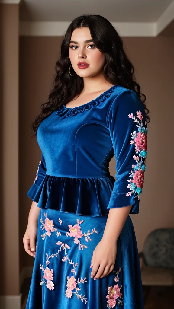 A stunning young plus-size woman poses confidently in a vibrant blue velvet dress with intricate floral embroidery. The dress features a fitted bodice and flowing skirt. Her wavy hair is styled in soft curls, and her makeup includes bold eyeliner and glossy lips. The 8K image captures her full-body, detailed textures, and soft lighting with a high contrast, photo-realistic quality.
