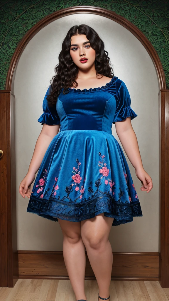 A stunning young plus-size woman poses confidently in a vibrant blue velvet dress with intricate floral embroidery. The dress features a fitted bodice and flowing skirt. Her wavy hair is styled in soft curls, and her makeup includes bold eyeliner and glossy lips. The 8K image captures her full-body, detailed textures, and soft lighting with a high contrast, photo-realistic quality.