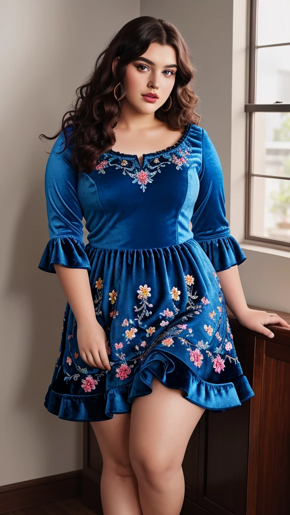 A stunning young plus-size woman poses confidently in a vibrant blue velvet dress with intricate floral embroidery. The dress features a fitted bodice and flowing skirt. Her wavy hair is styled in soft curls, and her makeup includes bold eyeliner and glossy lips. The 8K image captures her full-body, detailed textures, and soft lighting with a high contrast, photo-realistic quality.