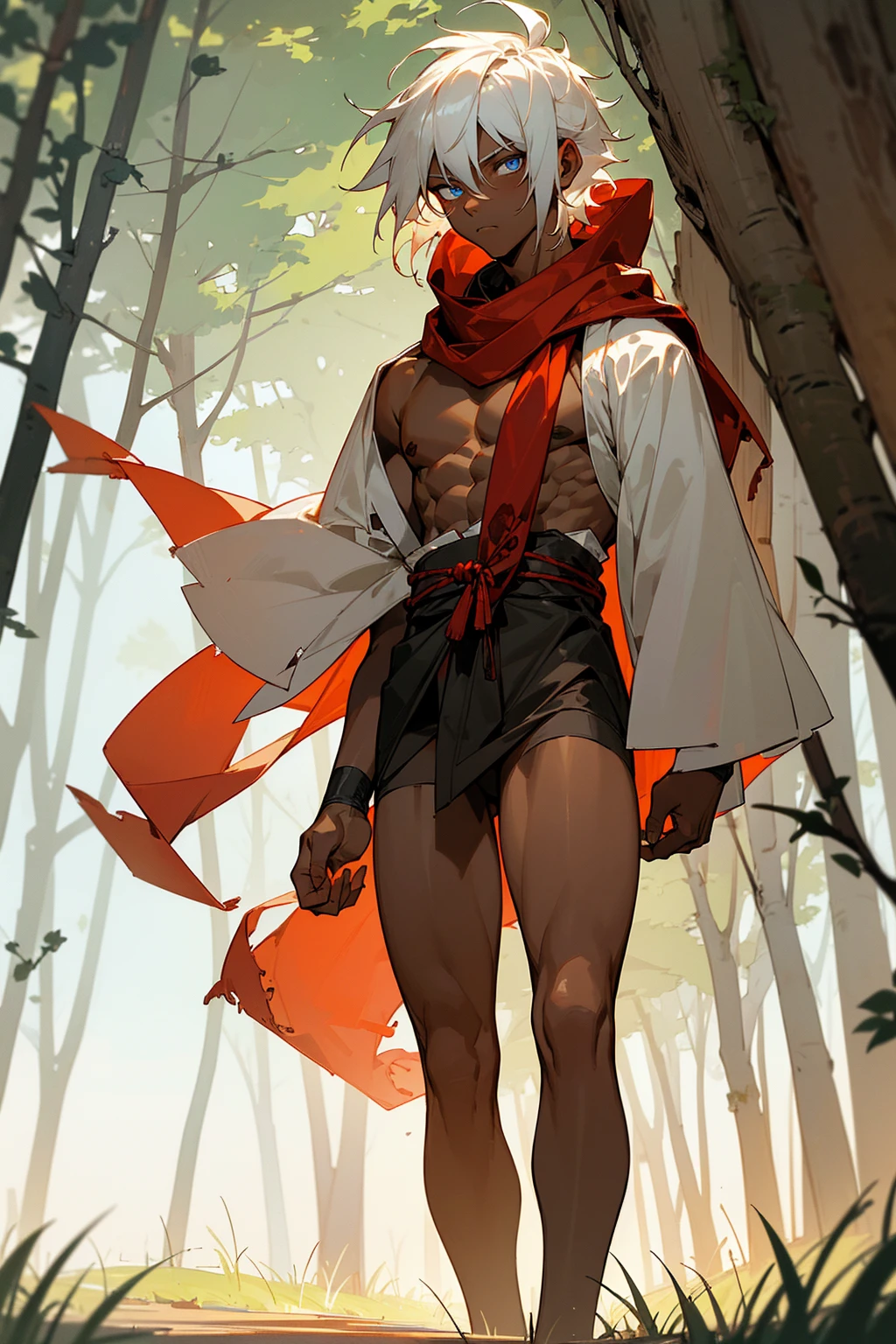 ((masterpiece,best quality,1male,male focus,masculine,solo,closed mouth,teenager,muscle,muscular)),((((white hair,short messy hair)))),((pale blue eyes,perfect eyes,glowing eyes,perfect face,calm demeanor)),((((black skin tone,dark skin color,standing still,caramel skin color,white haori,tattered red scarf)))),((forest background,trees,walking on path,grass))