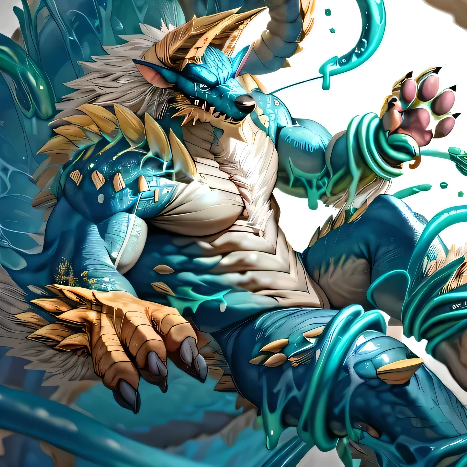 anthropology,(zinogre:1.2),Tail,((whole body,blue eyes, Blue body, White furry, Yellow Hand, Feet, Blue face,4 toes,Tail )),,muscular, whole body, (author:null-ghost,From raccoon21,masterpiece,high quality), Night Fight,((boundary)), rest (((Slime monster uses tentacles to fight dragon)),4 toes,struggle, (pain:1.3),frown,annoyed, Worry,full body,pawpads,((horns))