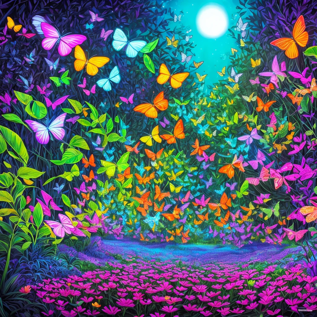 a painting of butterflies in a forest with blue and purple lights, glowing blue butterflies, glowing butterflies, luminescence，highly detailed, bioluminescent forest floor, by David B. Mattingly, by Tim Doyle, jen bartel, psychedelic black light, kilian eng vibrant colours, kilian eng vibrant colors, by Jason Benjamin, filled with bioluminescence