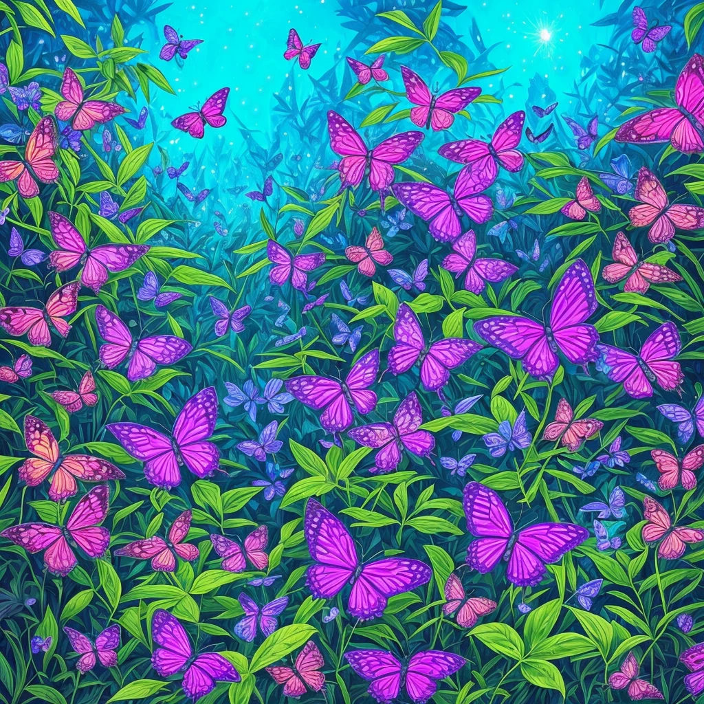 a painting of butterflies in a forest with blue and purple lights, glowing blue butterflies, glowing butterflies, luminescence,highly detailed, bioluminescent forest floor, by David B. Mattingly, by Tim Doyle, jen bartel, psychedelic black light, kilian eng vibrant colours, kilian eng vibrant colors, by Jason Benjamin, filled with bioluminescence