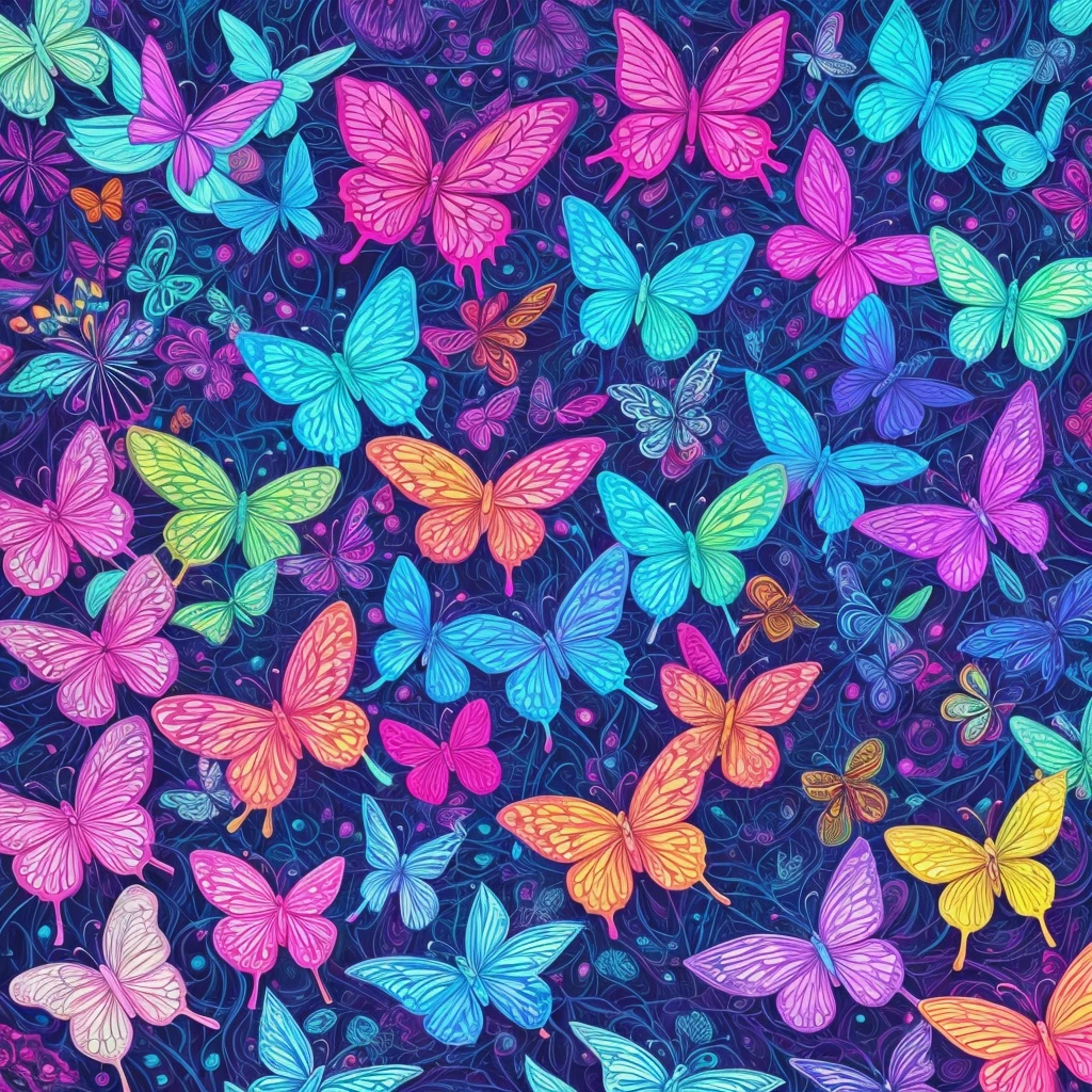 a painting of butterflies in a forest with blue and purple lights, glowing blue butterflies, glowing butterflies, luminescence，highly detailed, bioluminescent forest floor, by David B. Mattingly, by Tim Doyle, jen bartel, psychedelic black light, kilian eng vibrant colours, kilian eng vibrant colors, by Jason Benjamin, filled with bioluminescence
