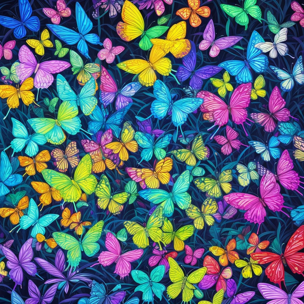 a painting of butterflies in a forest with blue and purple lights, an airbrush painting by David B. Mattingly, trending on cgsociety, psychedelic art, glowing blue butterflies, glowing butterflies, luminescence,highly detailed, bioluminescent forest floor, jen bartel, psychedelic black light, kilian eng vibrant colours, kilian eng vibrant colors