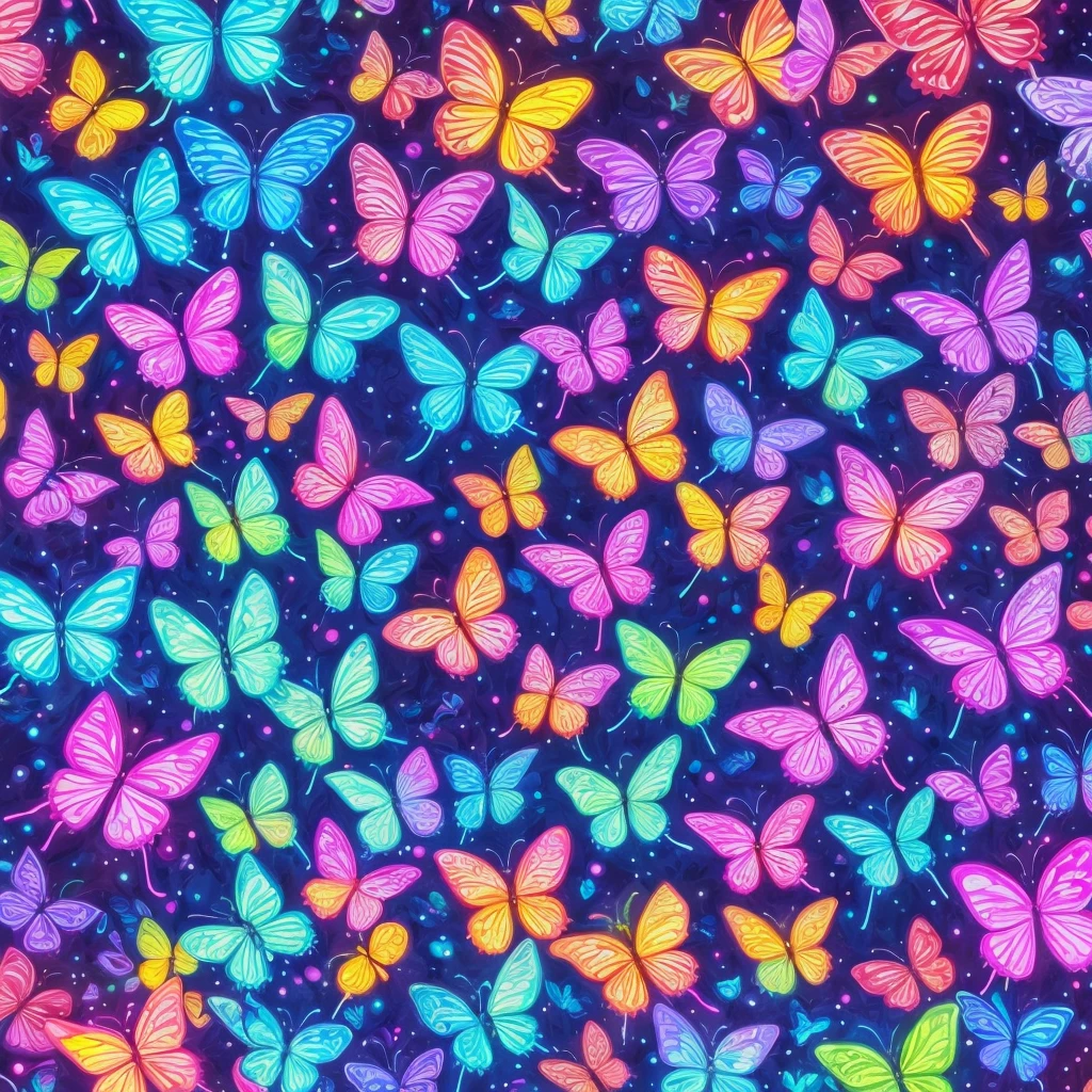 a painting of butterflies in a forest with blue and purple lights, glowing blue butterflies, glowing butterflies, luminescence，highly detailed, bioluminescent forest floor, by David B. Mattingly, by Tim Doyle, jen bartel, psychedelic black light, kilian eng vibrant colours, kilian eng vibrant colors, by Jason Benjamin, filled with bioluminescence