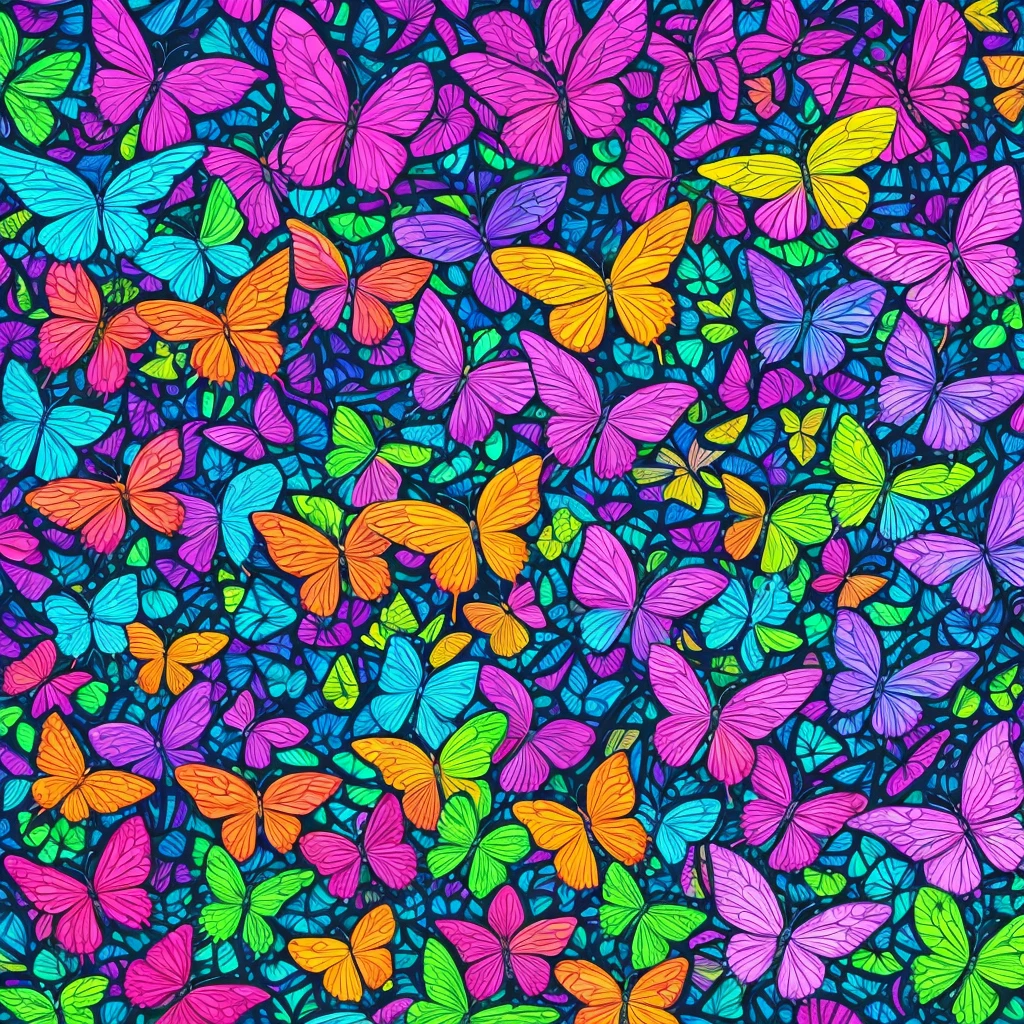 a painting of butterflies in a forest with blue and purple lights, glowing blue butterflies, glowing butterflies, luminescence，highly detailed, bioluminescent forest floor, by David B. Mattingly, by Tim Doyle, jen bartel, psychedelic black light, kilian eng vibrant colours, kilian eng vibrant colors, by Jason Benjamin, filled with bioluminescence