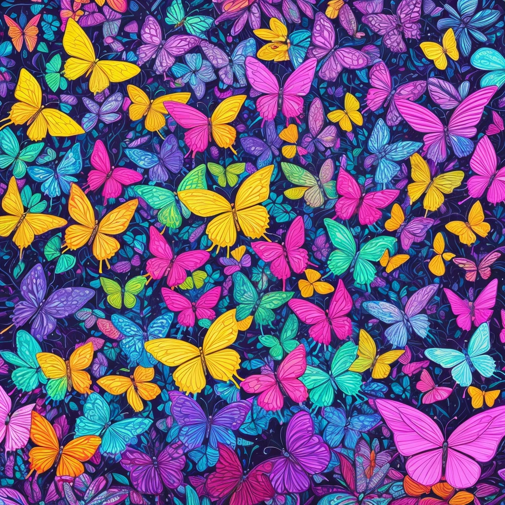 a painting of butterflies in a forest with blue and purple lights, glowing blue butterflies, glowing butterflies, luminescence，highly detailed, bioluminescent forest floor, by David B. Mattingly, by Tim Doyle, jen bartel, psychedelic black light, kilian eng vibrant colours, kilian eng vibrant colors, by Jason Benjamin, filled with bioluminescence