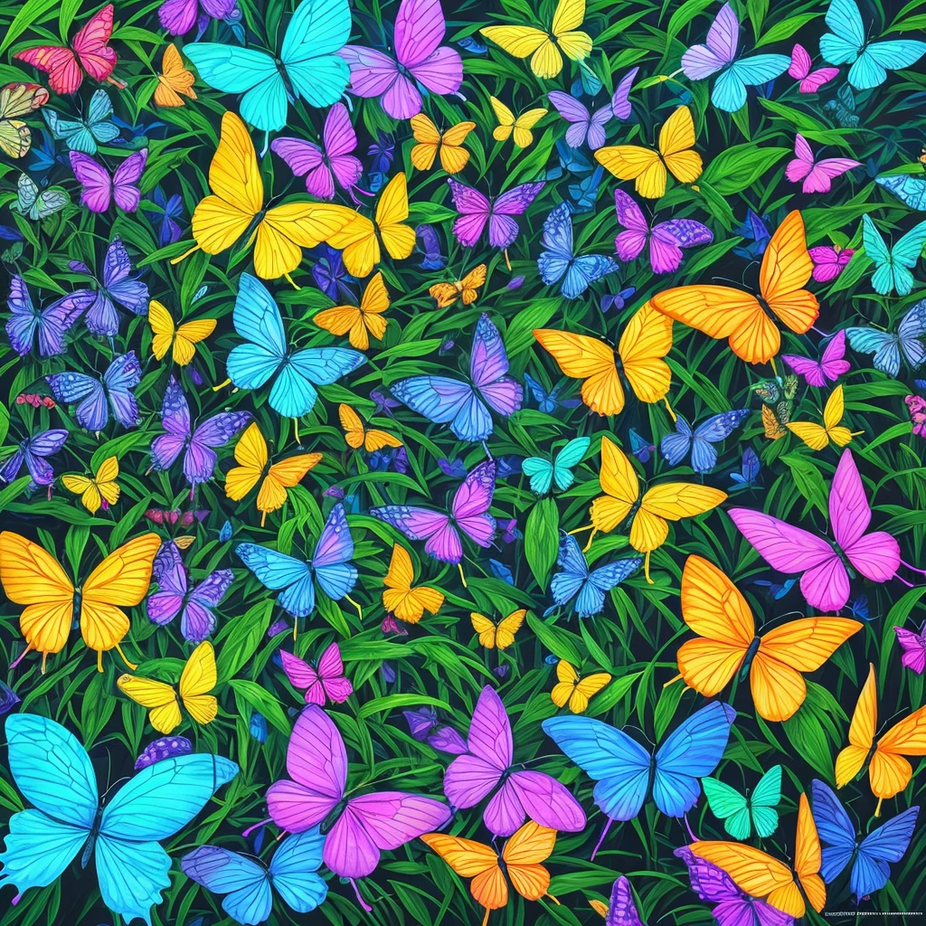 a painting of butterflies in a forest with blue and purple lights, glowing blue butterflies, glowing butterflies, luminescence，highly detailed, bioluminescent forest floor, by David B. Mattingly, by Tim Doyle, jen bartel, psychedelic black light, kilian eng vibrant colours, kilian eng vibrant colors, by Jason Benjamin, filled with bioluminescence