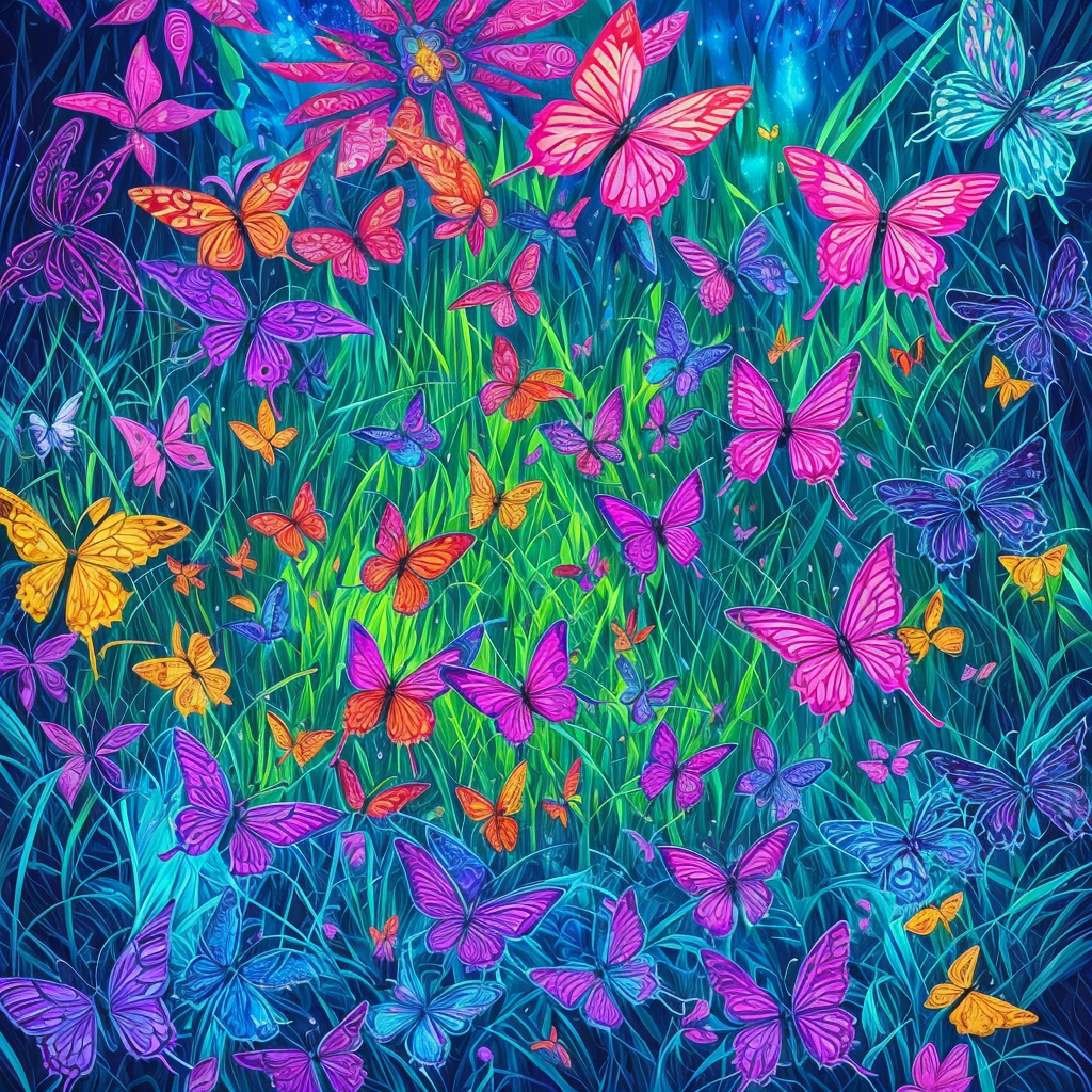 a painting of butterflies in a forest with blue and purple lights, an airbrush painting by David B. Mattingly, trending on cgsociety, psychedelic art, glowing blue butterflies, glowing butterflies, luminescence，highly detailed, bioluminescent forest floor, jen bartel, psychedelic black light, kilian eng vibrant colours, kilian eng vibrant colors