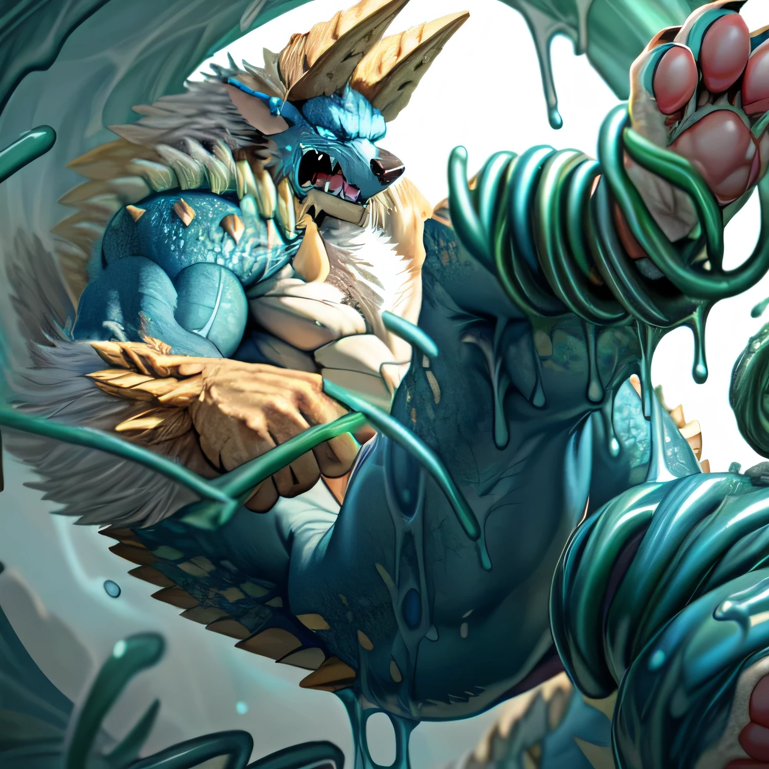 anthropology,(zinogre:1.2),Tail,((whole body,blue eyes, Blue body, White furry, Yellow Hand, Feet, Blue face,4 toes,Tail )),,muscular, whole body, (author:null-ghost,From raccoon21,masterpiece,high quality), Night Fight,((boundary)), rest (((Slime monster uses tentacles to fight dragon)),4 toes,struggle, (pain:1.3),frown,annoyed, Worry,full body,pawpads,((horns))