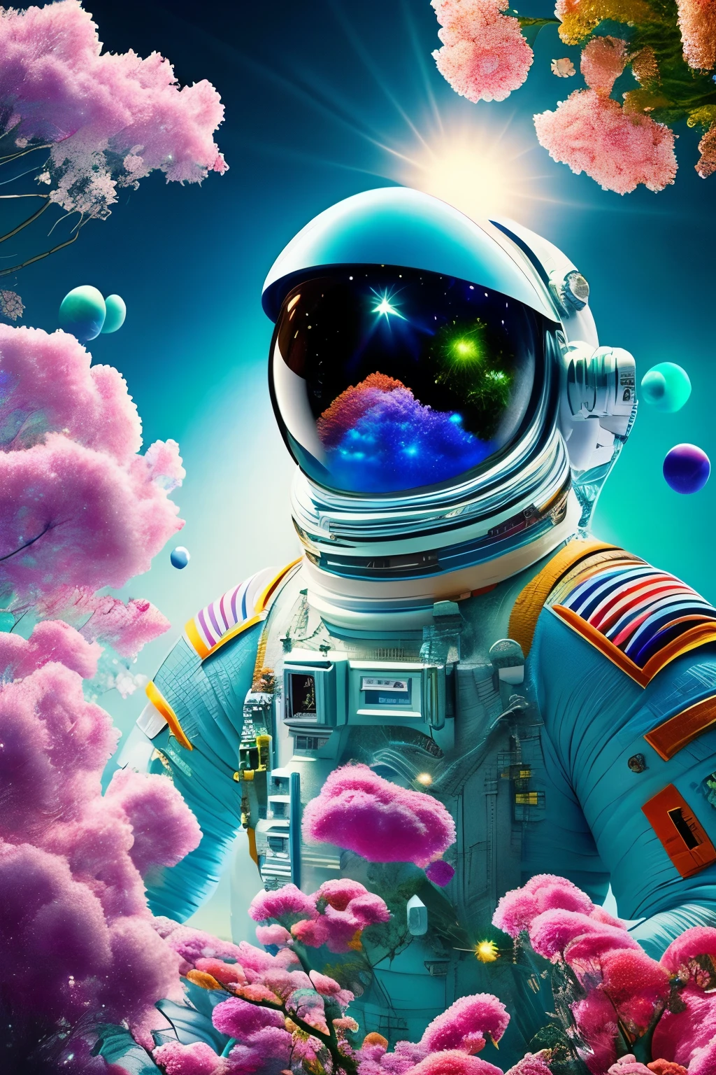 This close-up shot captures the awe-inspiring spectacle of a luminescent 3D render of an astronaut in a state of relaxed repose, surrounded by a mesmerizing kaleidoscopic garden of blossoming flowers. Each petal emanates an otherworldly glow, adding a mystical aura to the scene. The dice that cascade from the sky, their trajectories meticulously reflected in the astronaut's visor, lend an air of enigma and anticipation. The image is a burst of vibrant, exaggerated hues, drawing inspiration from Pixar's celebrated fantastical realms. A dramatic ring light highlights