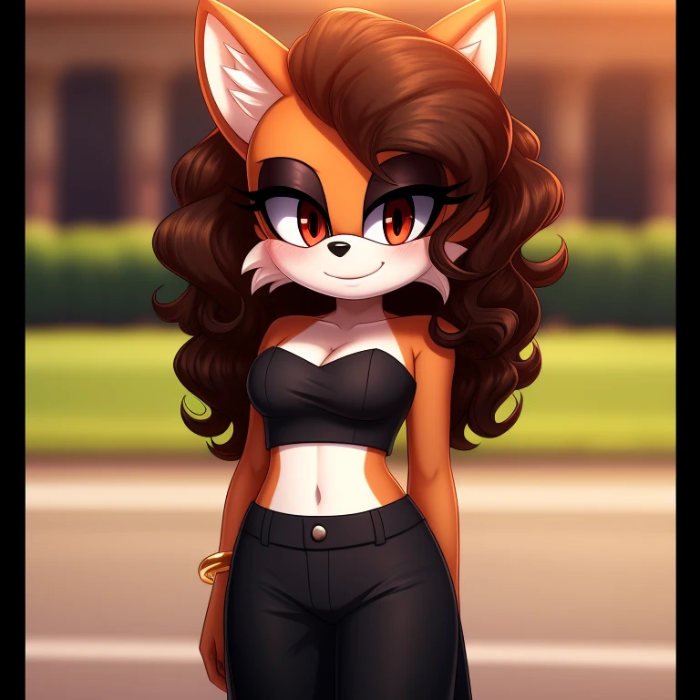 mobian, solo, hedgehog, two-tone fur ((orange fur, brown fur)), strapless crop top, baggy pants, cleavage, two-tone hair (brown hair, black tip)), curly hair, halo, sunglasses, jewelry, red eyes, longeyelashes, red eyes, smile, shy, blush,  framed, stereogram, image fill, viewfinder, depth of field, high details, high detail, masterpiece, UHD, anatomically correct, super detail, highres, 4K