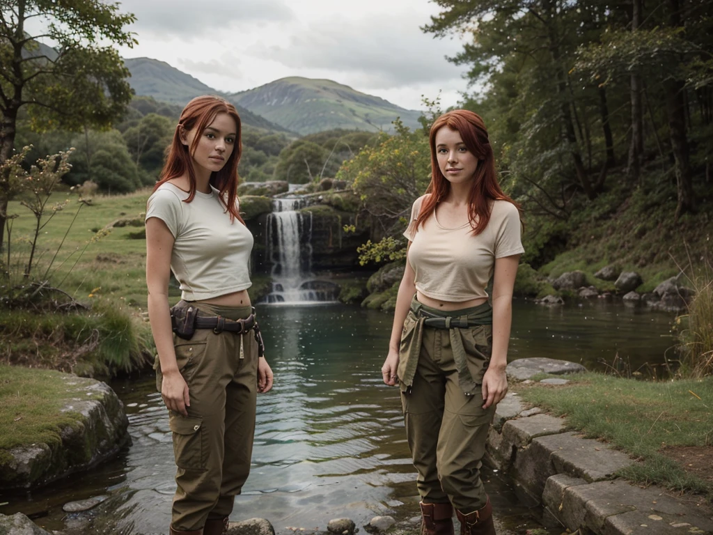 waterfall and Pools at 35 feet high, Vibrant red hair girl "She's very tall Extra long legs, Big breasts, and here arm over her head, On the other in her air and in the hair, clothes Hiking pants and top in the colour of Brown khaki Gear," Standing knee high with white little dogs, Give this picture an Irish feel of an Irish countryside," Make all the water Bright blue She's got to be in hiking boots trousers and topance, With her hiking gear she has to be wearing a hiking knife around her waist for protection" Make the girl's face as realistic as possible give me any suggestions to make her more realistic looking"