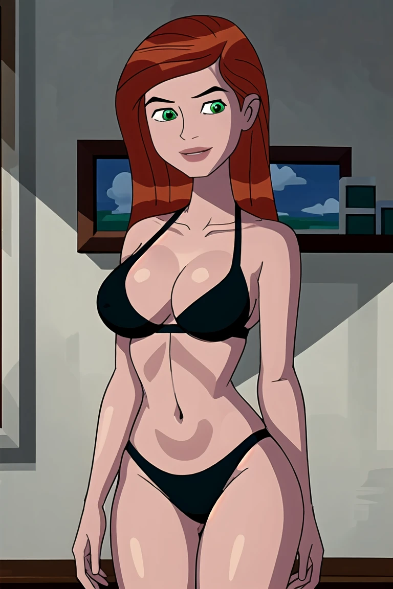 gwentennyson, (8k, RAW photo, best quality, masterpiece:1.2), (intricate details), perfect eyes, perfect face, perfect lighting, beautiful, (masterpiece:1.2), (best quality:1.2), 1girl, cartoon style, solo, redhead, green eyes, black bikini , smile , big breasts , wide hips , milf ,