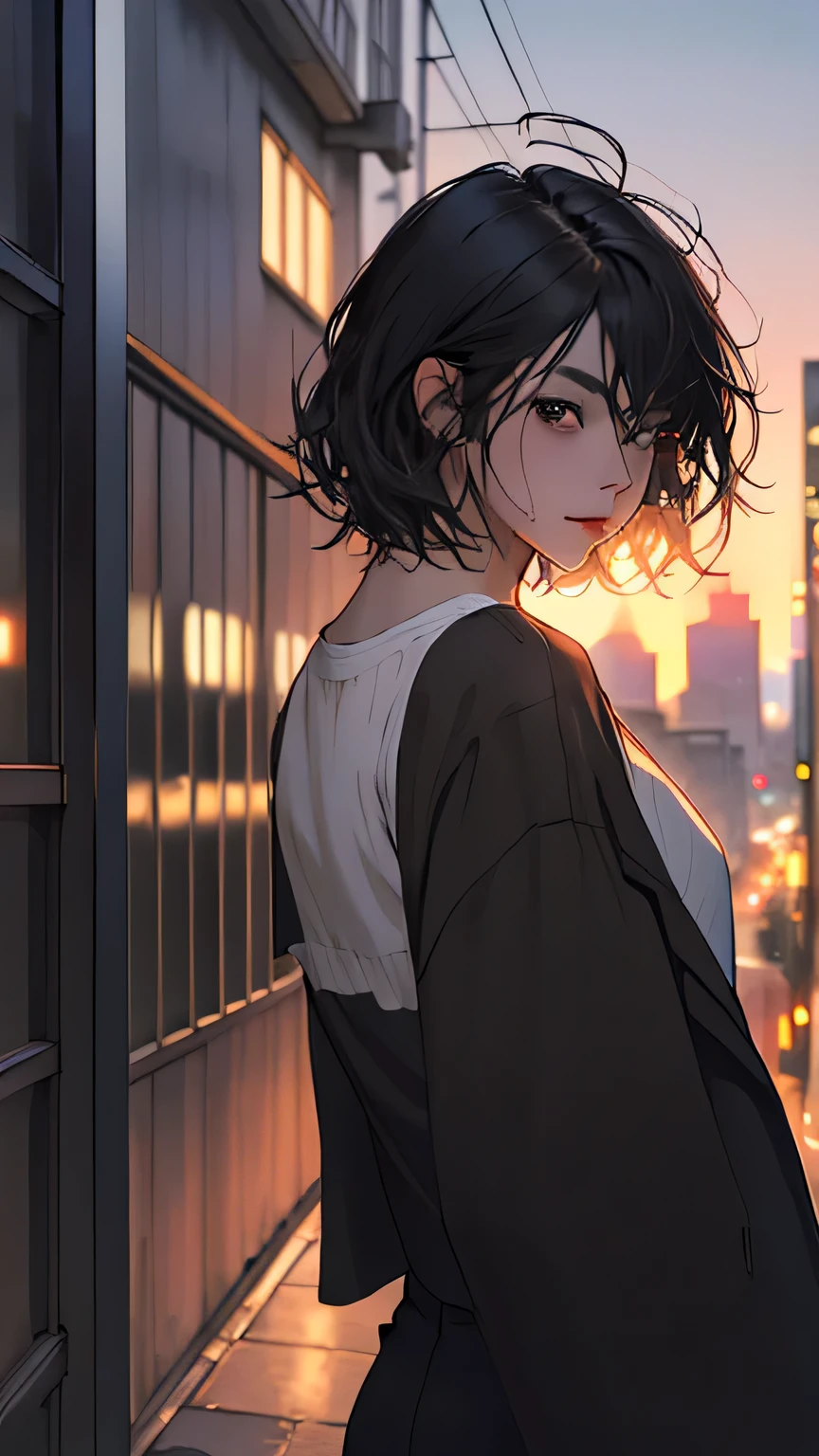 1 girl,masterpiece,best quality, ultra high res, dusk,cityscape,depth of field, short black messy hair, solo male