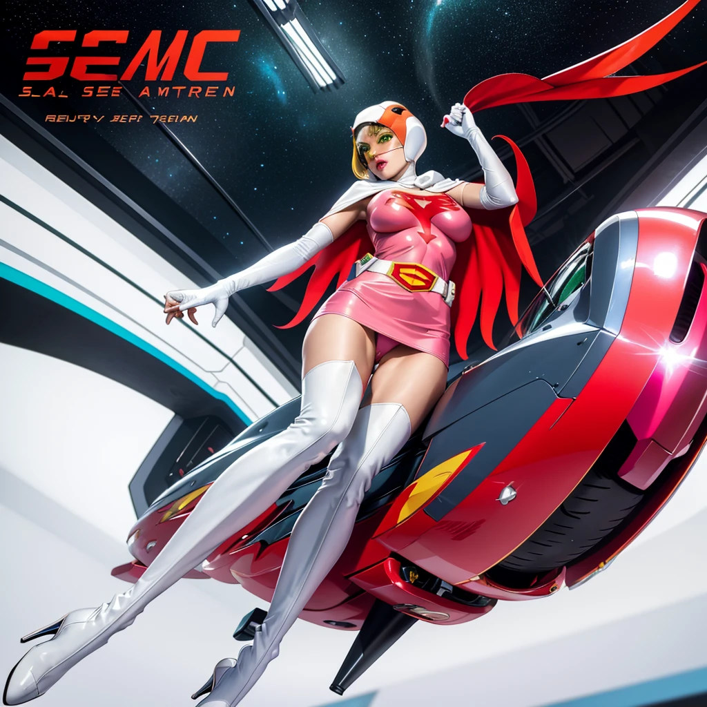 ANI_CLASSIC_jun_gatchaman_ownwaifu,1girl, ,good anatomy, masterpiece, best quality,realistic, hyperrealistic, 16k hdr, long hair,breasts,green eyes,lips,large breasts,lipstick,makeup,gloves,cape,helmet,belt,elbow gloves,white gloves,mask,ultra miniskirt,leotard,spacesuit,white tight overknee highheels boots,pink dress,superhero,bodysuit,cleavage,erected nipples,(sexy pose,from below:1.2),(spread legs:1.1),cameltoe