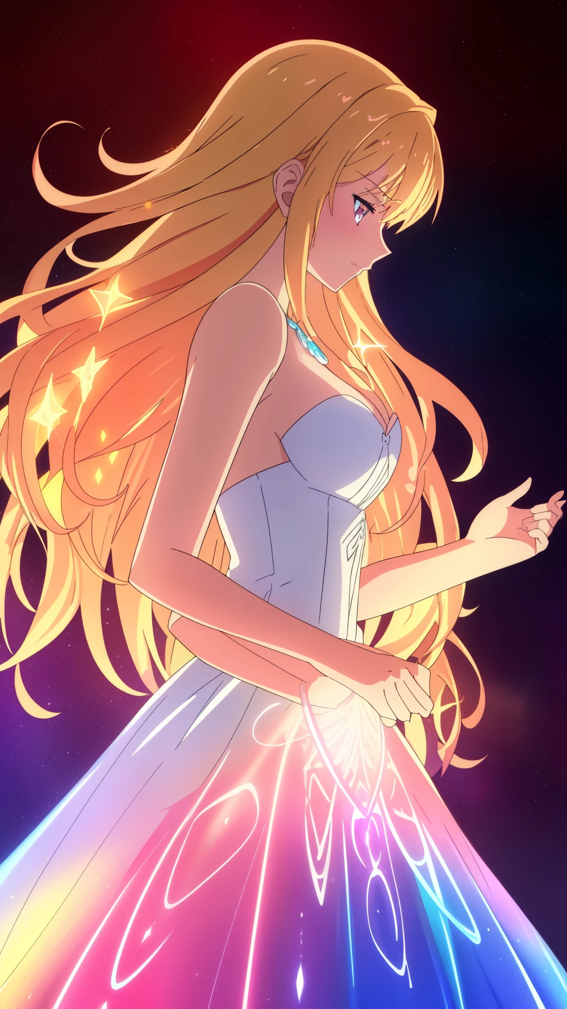 beautiful girl, puffy tiered ballgown, vibrant pastel colors,(20years old,madure female),(angry),closed mouth,white dress,cleavage,sleeveless,((glowing blonde long hair)), magical lights, sparkling magical liquid, inspired by Glen Keane, inspired by Lois van Baarle, disney art style, by Lois van Baarle, glowing aura around her, by Glen Keane, jen bartel, glowing lights! digital painting, flowing glowing hair, glowing flowing hair, beautiful digital illustration, fantasia background, whimsical, magical, fantasy, ((masterpiece, best quality)), intricate details, highly detailed, sharp focus, 8k resolution, sparkling detailed eyes, liquid watercolor,red theme,red moon,forest,night,profile,(extra arms)