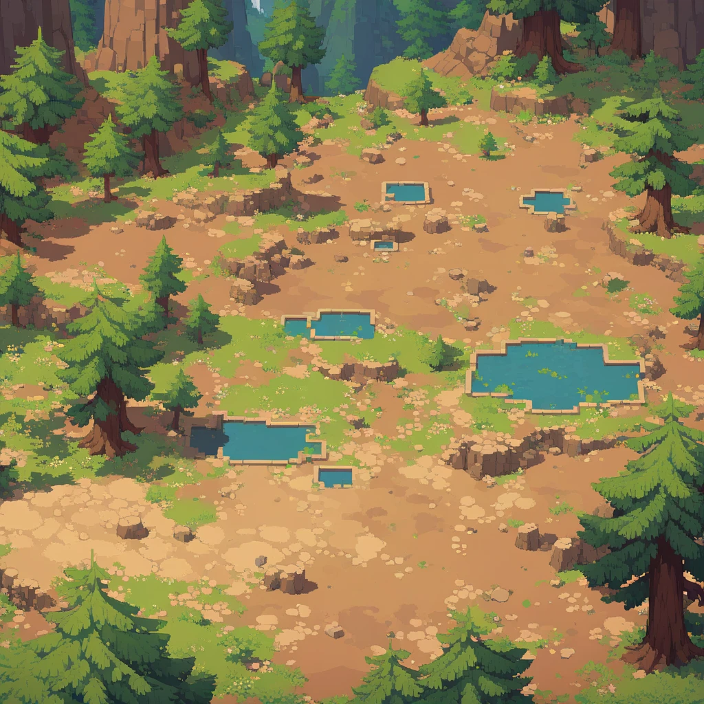 retro video game style,pixelated vibran colors,8-bit characters,blocky shapes,sharp lines,detailed shading,classic gaming vibe,nostalgic atmosphere,classic arcade games,masterpiece:1.2,ultra-detailed,illustration style, 2d texture, stone texture, 4 k seamless mud texture, video game texture, dirt texture, game tileset, grass, 3/4th perspective trees, cliff formation game tileset, cliff texture game tileset, 3/4th perspective forest, topdown view, game texture, game art, dirt, , tileable texture, top down view, 3/4th perspective