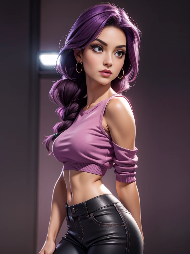 1 woman, 45 years old, black mini crop top, low waist baggy pants, detailed face, beautiful eyes, detailed lips, long eyelashes, intricate hairstyle, elegant pose, bright lighting, photorealistic, 8k, masterpiece, highly detailed, realistic, hot pink and purple color palette, dramatic lighting, cinematic, moody, portrait, pants are so low that abdominal sex lines are visible
