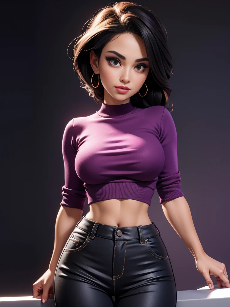 1 woman, 45 years old, black mini crop top, low waist baggy pants, detailed face, beautiful eyes, detailed lips, long eyelashes, intricate hairstyle, elegant pose, bright lighting, photorealistic, 8k, masterpiece, highly detailed, realistic, hot pink and purple color palette, dramatic lighting, cinematic, moody, portrait, pants are so low that abdominal sex lines are visible