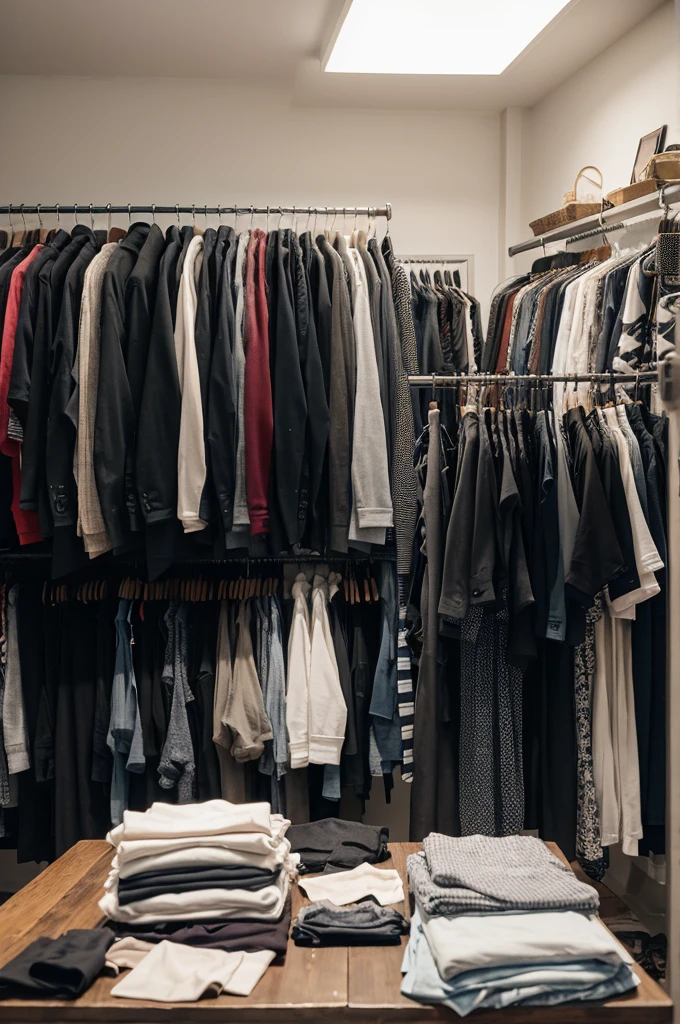 clothes in the background and two people in front with a clothing business models