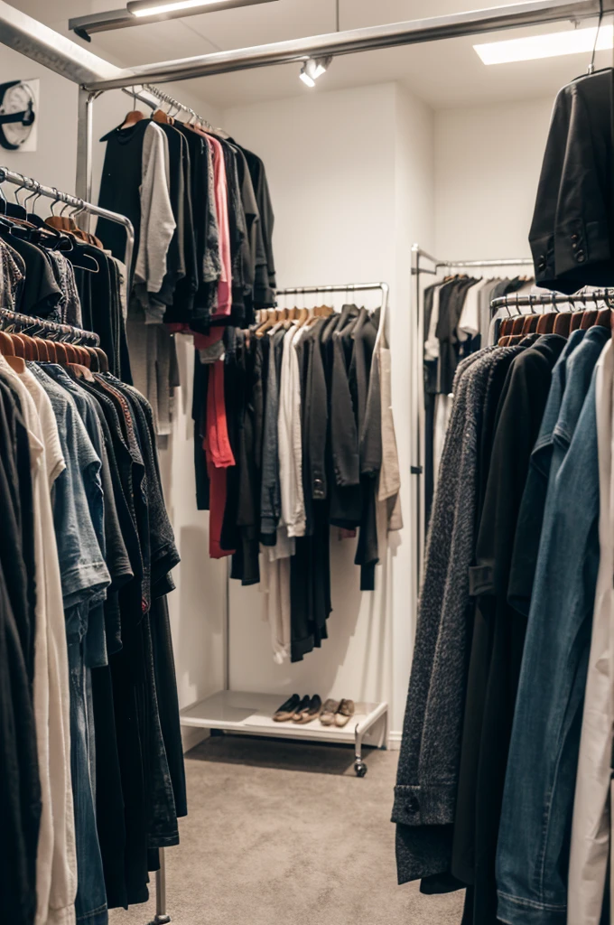 clothes in the background and two people in front with a clothing business models