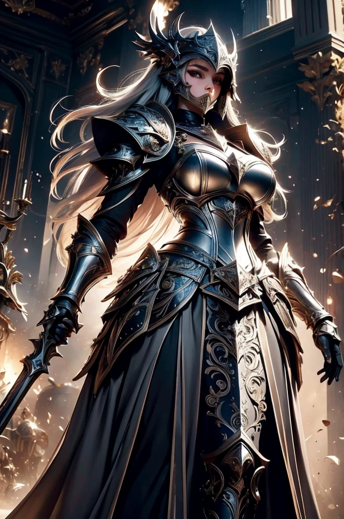 ultra realistic 8k cg, young sexy female knight, massive breast, big chest, heavy helmet, heavy shiny full silver armor, very detailed engraved shiny heavy silver armor, very large and long fluffly dark dress, extremly long and floating skirt, closed victorian dress covering the legs, royale long ruffled skirt in high quality fabric, holding a large halberd, dark fantasy, battlefield in the background