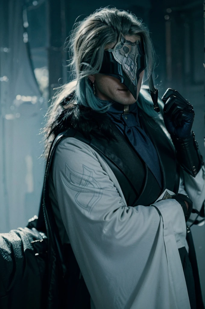 In realistic painting portrait of high quality and detail, Dottore (Genshin Impact), 2000's movie style, , 1man, full body, 30-year-old man, sharp features, detailed face, evil smiling expression, He has long blue hair and wears a black pointed mask covering his eyes. He is wearing a white coat with silver inserts over a blue shirt and loose black trousers. There are a lot of black belts and blue details on the clothes. Dottore wears black fur, which is attached to the right shoulder pad, resembling a plague doctor mask, dark and moody lighting, portrait, contrasting colors, subtle shadows, mysterious atmosphere, outdoors, snow, Red Square on the background, He's stands on the 19th century Red Square, (ultra-high detail:1.2), Masterpiece, Best Quality, Ultra-detailed, Cinematic lighting, 8K, delicate features, cinematic, 35 mm lens, f/1.9, highlight lighting, global lighting –uplight –v 4, Cinematic lighting, 8K, high quality, Highest Quality, (Solo Focus), (extremly intricate:1.3), (Realistic), masterful, Analog style, (Film grain:1.5), (warm hue, cold tone), Mystical powers, fantasy, Depth & Perspective, movie style, dark and mysterious atmosphere,