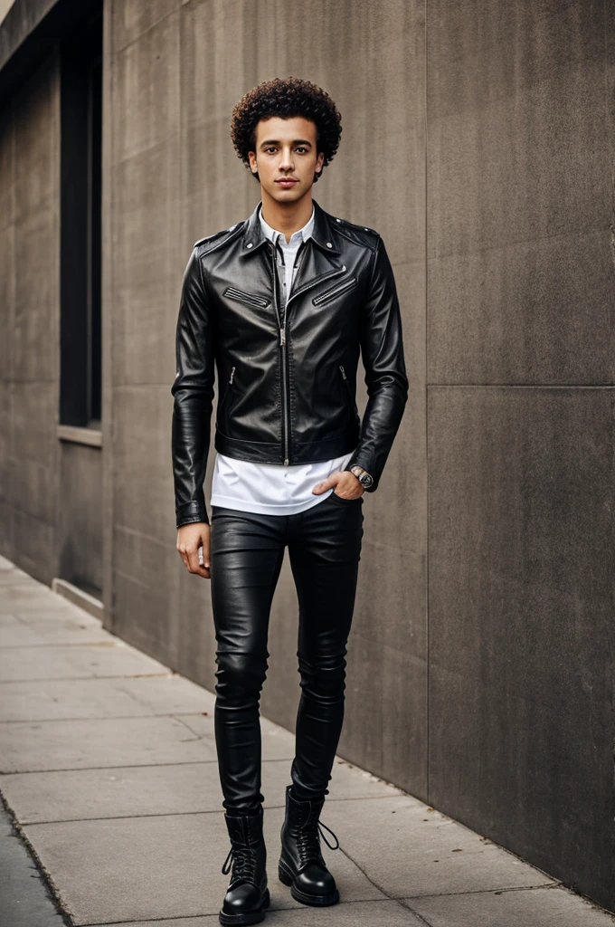 Slim curly haired guy standing looking at me wearing black leather biker jeans, black polo and combat boots