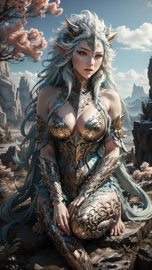 Great Wilderness East Meridian，dream-state、fanciful、A mythical beast anthropomorphic、banya，tmasterpiece，Toenails，pale-blue，sickle，safe，Layered hair，flame，white colors，Fur，pastel green，metall armour，Ultra-high resolution，high high quality，Export details