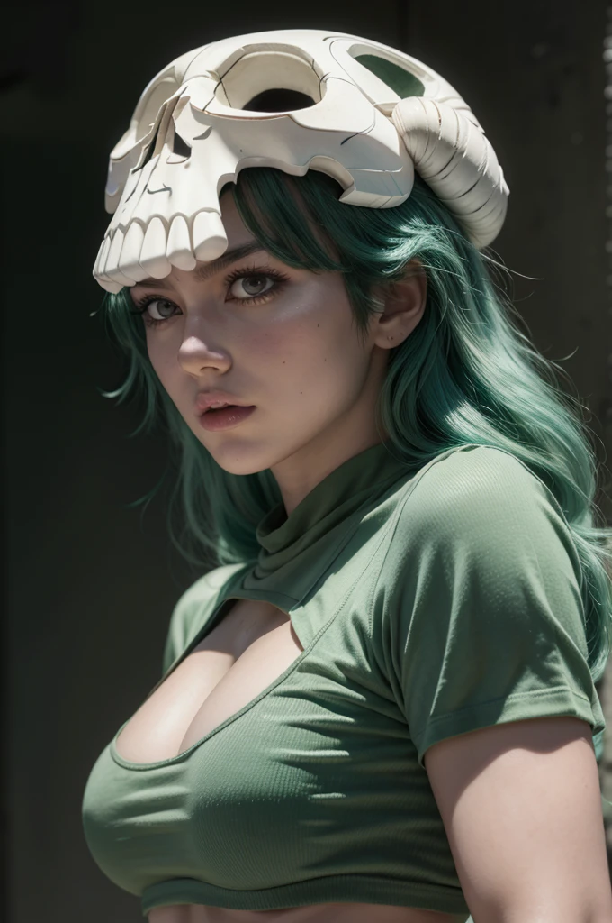Nelliel from bleach, realistic, age 25, extreme pure white skin, skull on head, light green long hair, torne green shirt, perfect face, perfect shape body, large breasts, clothes covered upper body, 3d .