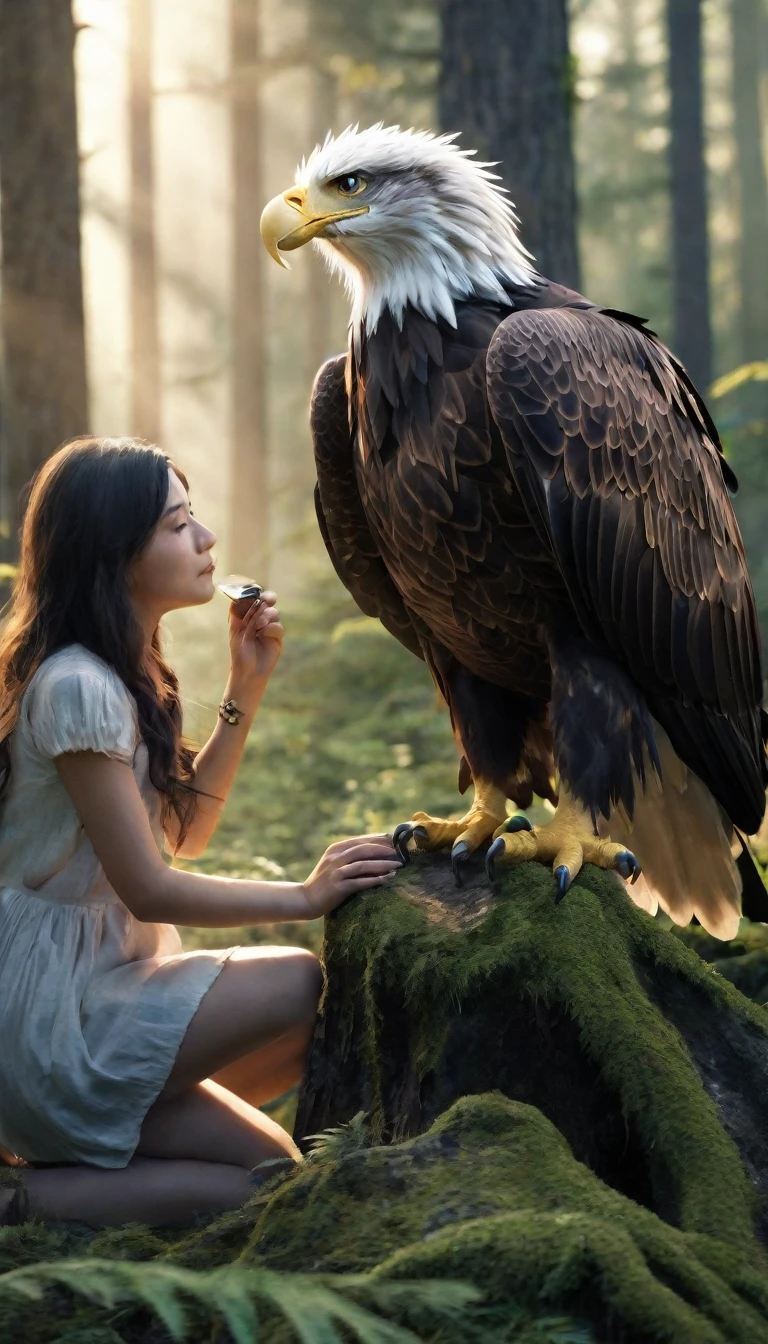 a majestic eagle-like creature with human hands, in a serene forest landscape, (best quality,4k,8k,highres,masterpiece:1.2),ultra-detailed,(realistic,photorealistic,photo-realistic:1.37),highly detailed fantasy animal,realistic lighting,magical creature