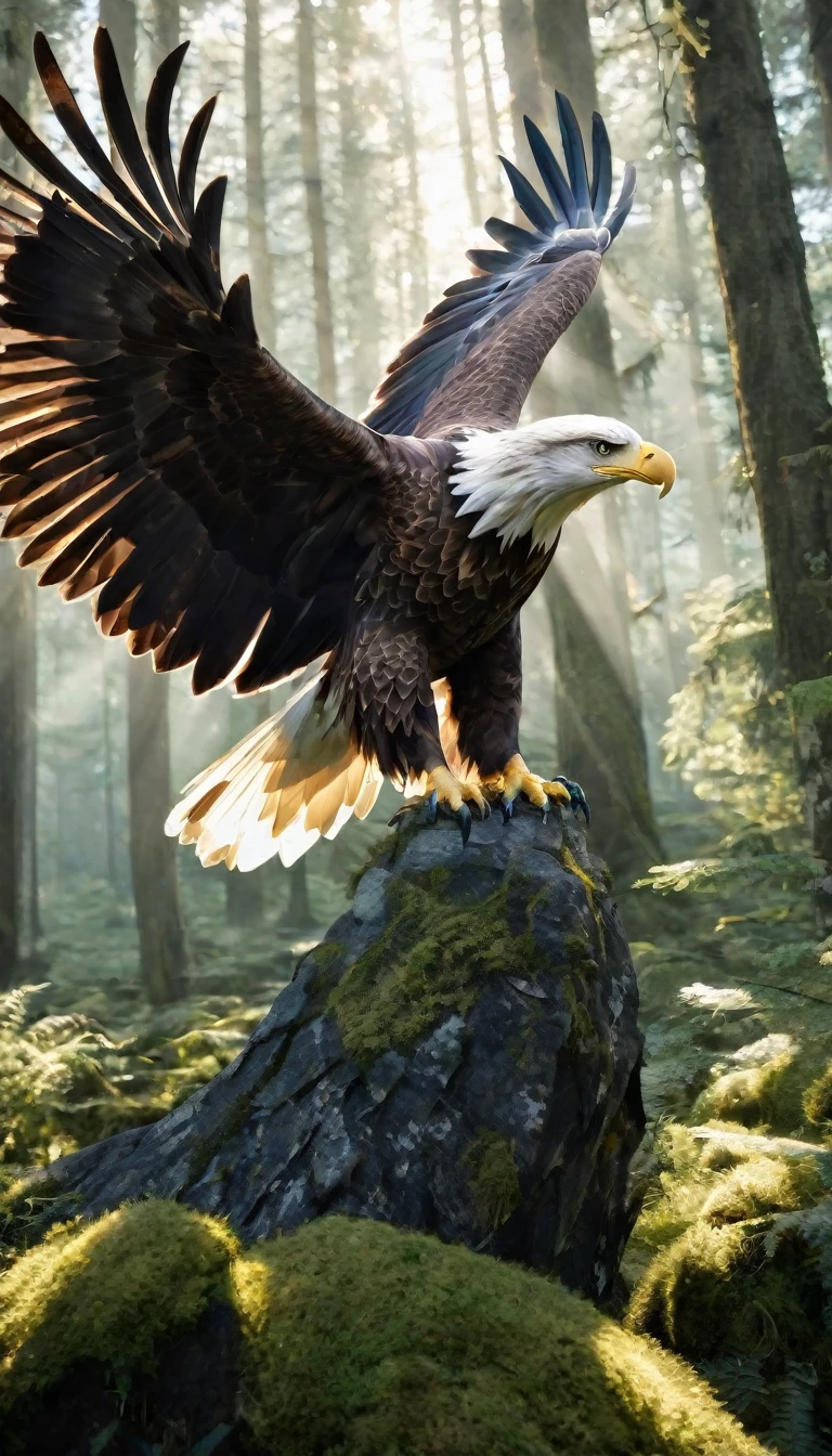 a majestic eagle-like creature with human hands, in a serene forest landscape, (best quality,4k,8k,highres,masterpiece:1.2),ultra-detailed,(realistic,photorealistic,photo-realistic:1.37),highly detailed fantasy animal,realistic lighting,magical creature