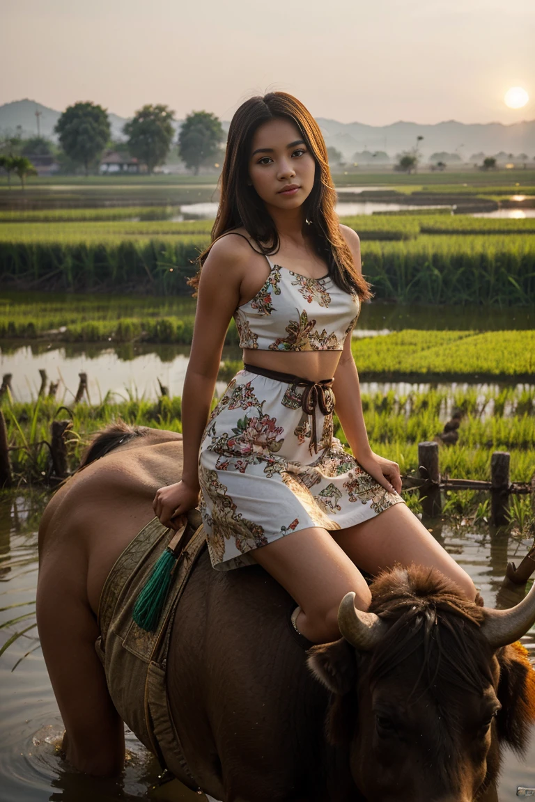 Beautiful young woman wearing Thai dress Ride a buffalo to graze in the rice fields in the evening..