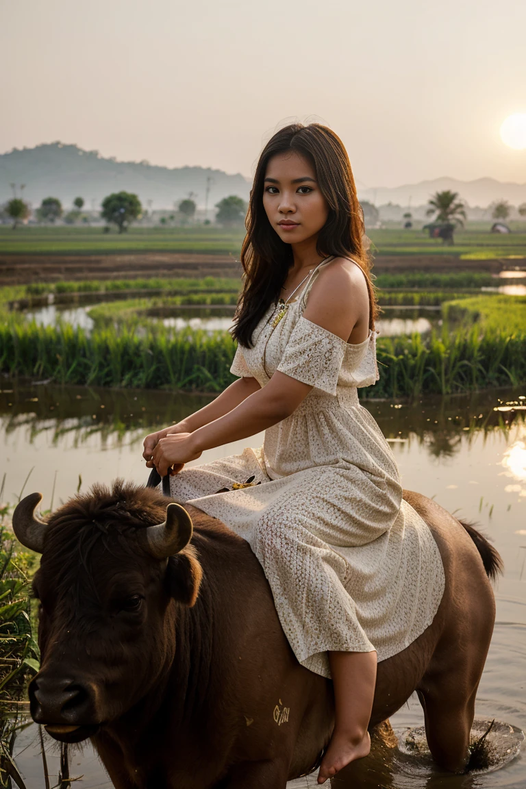 Beautiful young woman wearing Thai dress Ride a buffalo to graze in the rice fields in the evening..