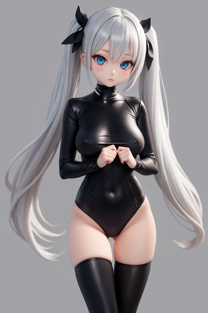 ,(Simple Background), woman alone, View your viewers, Silver Hair,gigantic breasts, blue eyes, Very long twin tails, Very long hair,black zentai,,Small Ass,skinny,Thin legs