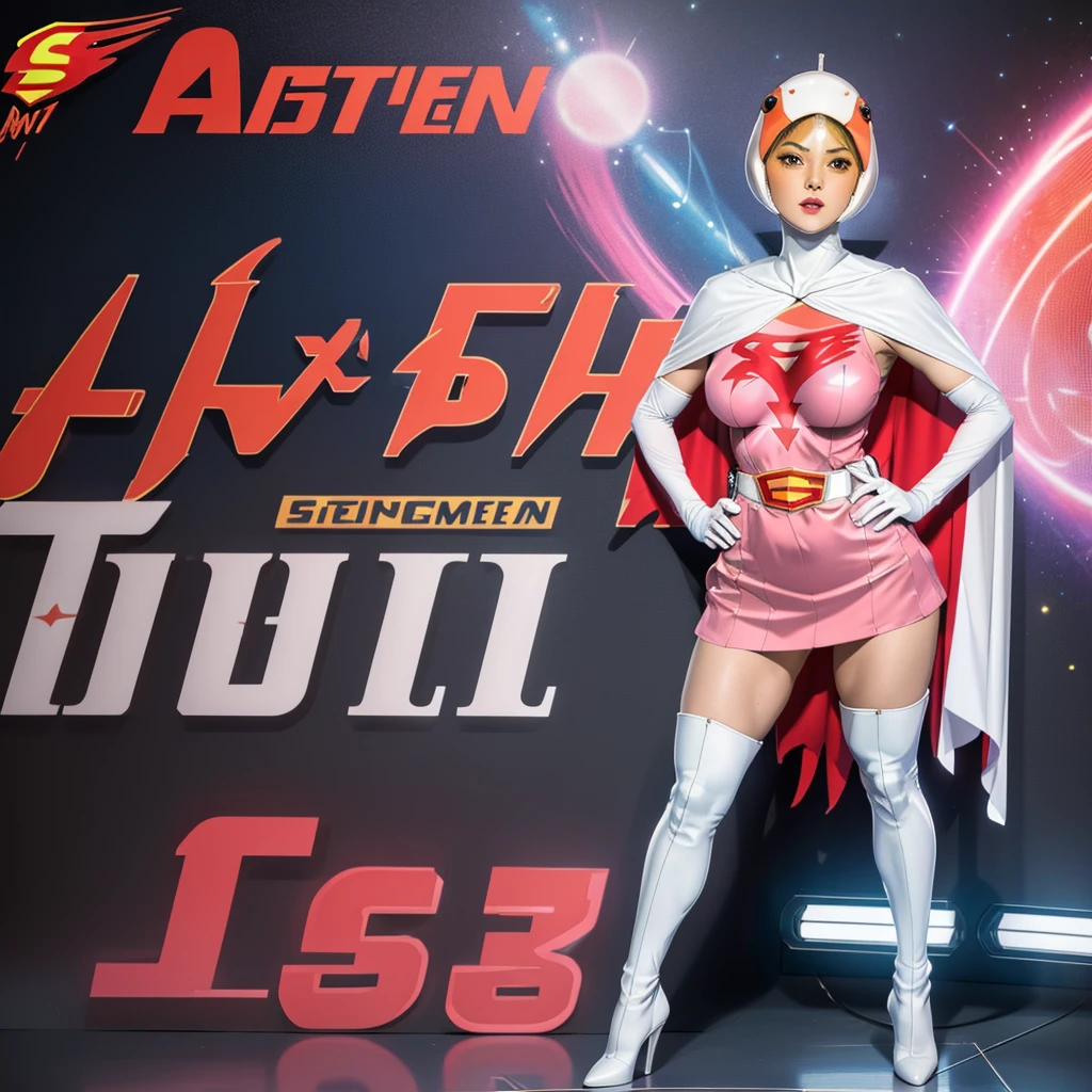 ANI_CLASSIC_jun_gatchaman_ownwaifu,1girl, 15yo,good anatomy, masterpiece, best quality,realistic, hyper realistic, 16k hdr, long hair,breasts,lips,large breasts,lipstick,makeup,gloves,cape,helmet,belt,elbow gloves,white gloves,mask,ultra miniskirt,leotard,spacesuit,white tight overknee highheels boots,pink dress,superhero,bodysuit,cleavage,erected nipples,(stand pose,hands on hip),(spread legs:1.1),cameltoe