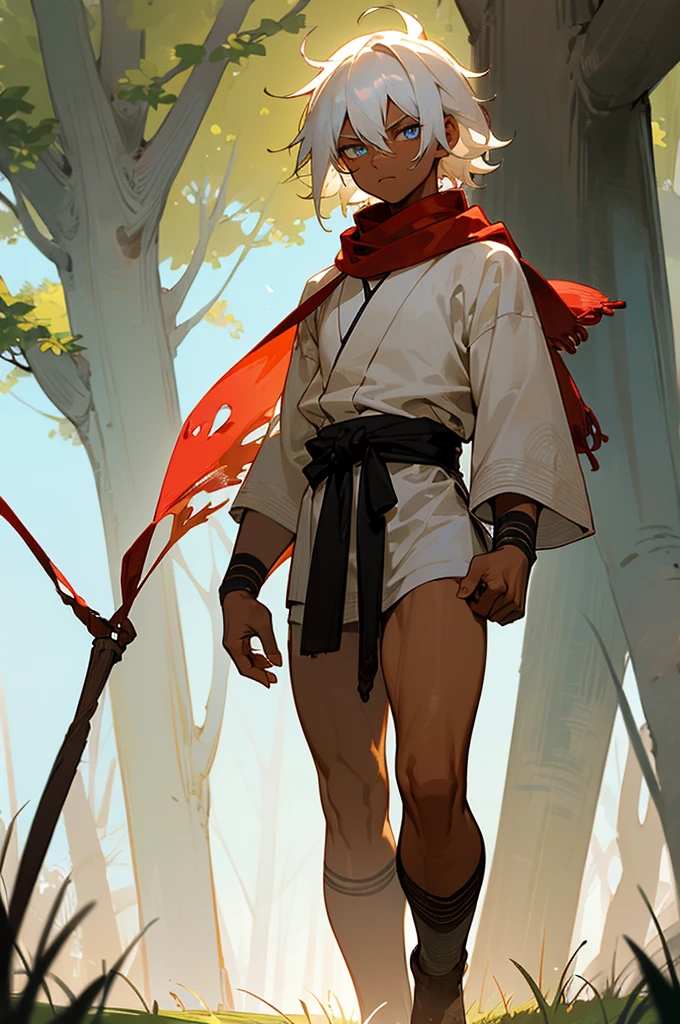 ((masterpiece,best quality,1male,male focus,masculine,solo,closed mouth,ager,muscle,muscular)),((((white hair,short messy hair)))),((pale blue eyes,perfect eyes,glowing eyes,perfect face,calm demeanor)),((((black skin tone,dark skin color,standing still,caramel skin color,white haori,tattered red scarf)))),((forest background,trees,walking on path,grass))