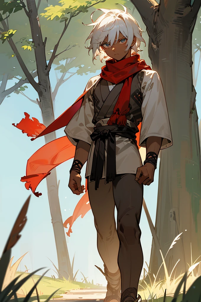 ((masterpiece,best quality,1male,male focus,masculine,solo,closed mouth,ager,muscle,muscular)),((((white hair,short messy hair)))),((pale blue eyes,perfect eyes,glowing eyes,perfect face,calm demeanor)),((((black skin tone,dark skin color,standing still,caramel skin color,white haori,tattered red scarf)))),((forest background,trees,walking on path,grass))