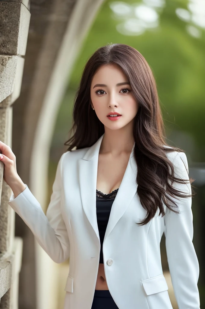 a 19 year old girl, she is the most beautiful actress in the world, the perfect body proportions of this girl, all she exposes her skin is only the lower of her body, the skin of her whole upper body is hidden 100%, her large breasts within clothes are indirectly appealed, formal blazer is firmly closed on her waist between shirt and short skirt, the panties between her legs under short skirt is seen just 1cm, her bare thighs, her bare knees, her face and her body is looking straight at viewer of this picture, it's only the one description of this picture, below her shins are out of this picture frame, her head is right below the top of this picture frame, she is standing straight, best quality, highly detailed, masterpiece, ultra high res, photo realistic, 8k, RAW photo