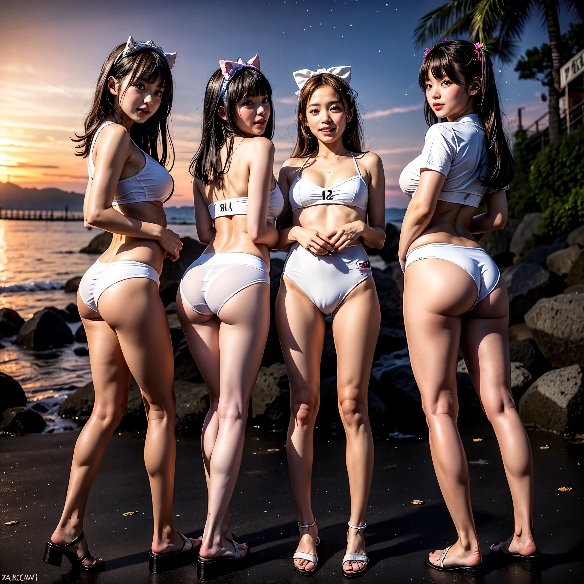 ((ExtremelyDetailed (12 PUNIPUNI KAWAII Girls in a row:1.37) in WHITE at Dusk Enoshima Beach)), (masterpiece 8K TopQuality) (ProfessionalPhoto:1.37), {(Standing Full Body:1.2)|(from below:1.2)}, Different types of hair colors, {Tight skinny((SchoolSwimwear))Ass visible through thighs|SchoolUniform [with Thongs]}, {Detailed Like hand|Hidden hand|ArmpitPeek|DAKINAKURA|Different types of breast|ButtCrack}, Joyful Expressions LifeLike Rendering, PerfectLighting, Dazzling RainbowColorHorizon, (RainbowParticles:1.32) starry stars