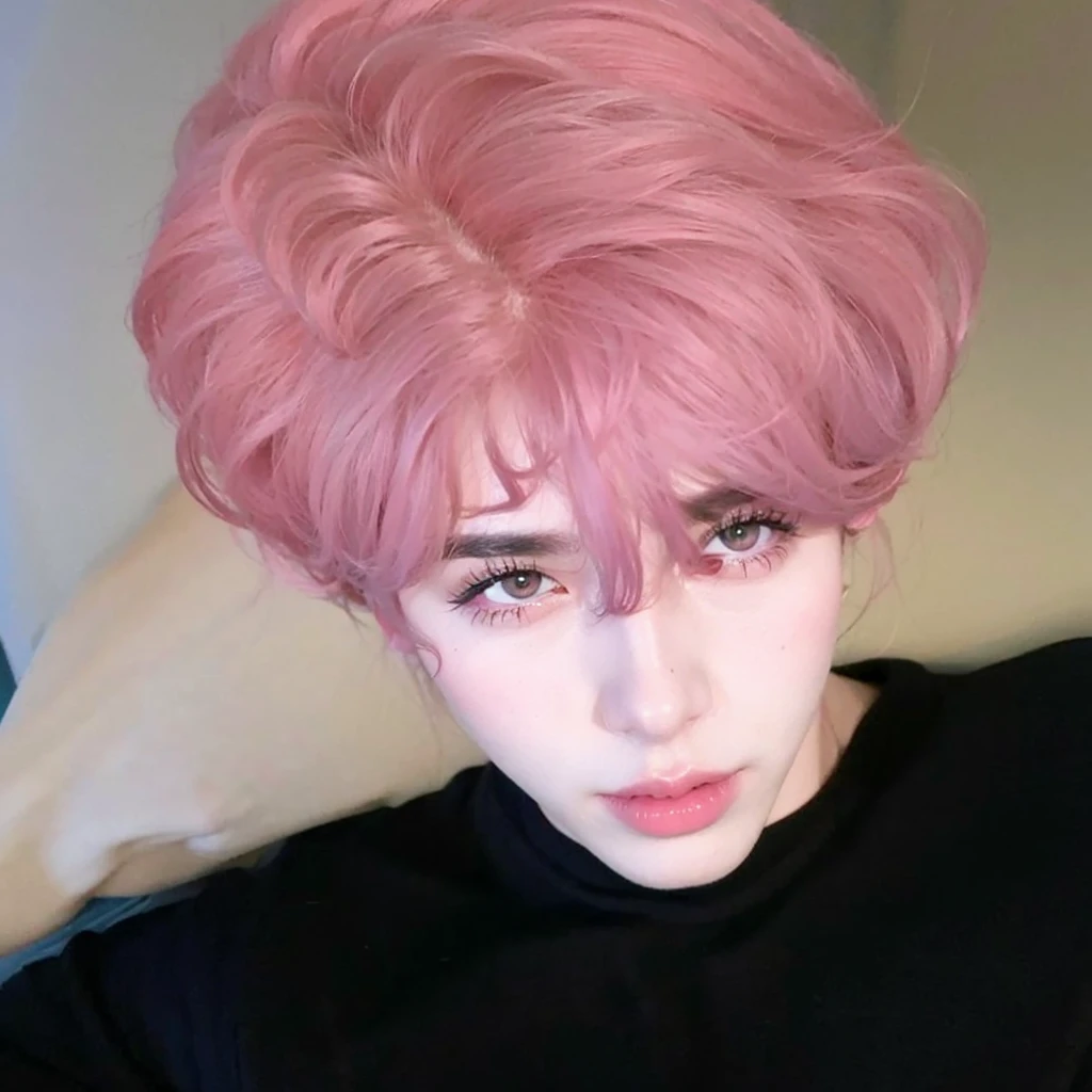 there is a young man with a pink wig and a pink bow on his head, inspired by Yanjun Cheng, linda garota with pink hair curto, inspired by Russell Dongjun Lu, kawaii realistic portrait, cai xukun, park Jimin, non-style artwork by guweiz, with pink hair, drainage gang bladee, Jimin, yanjun chengt