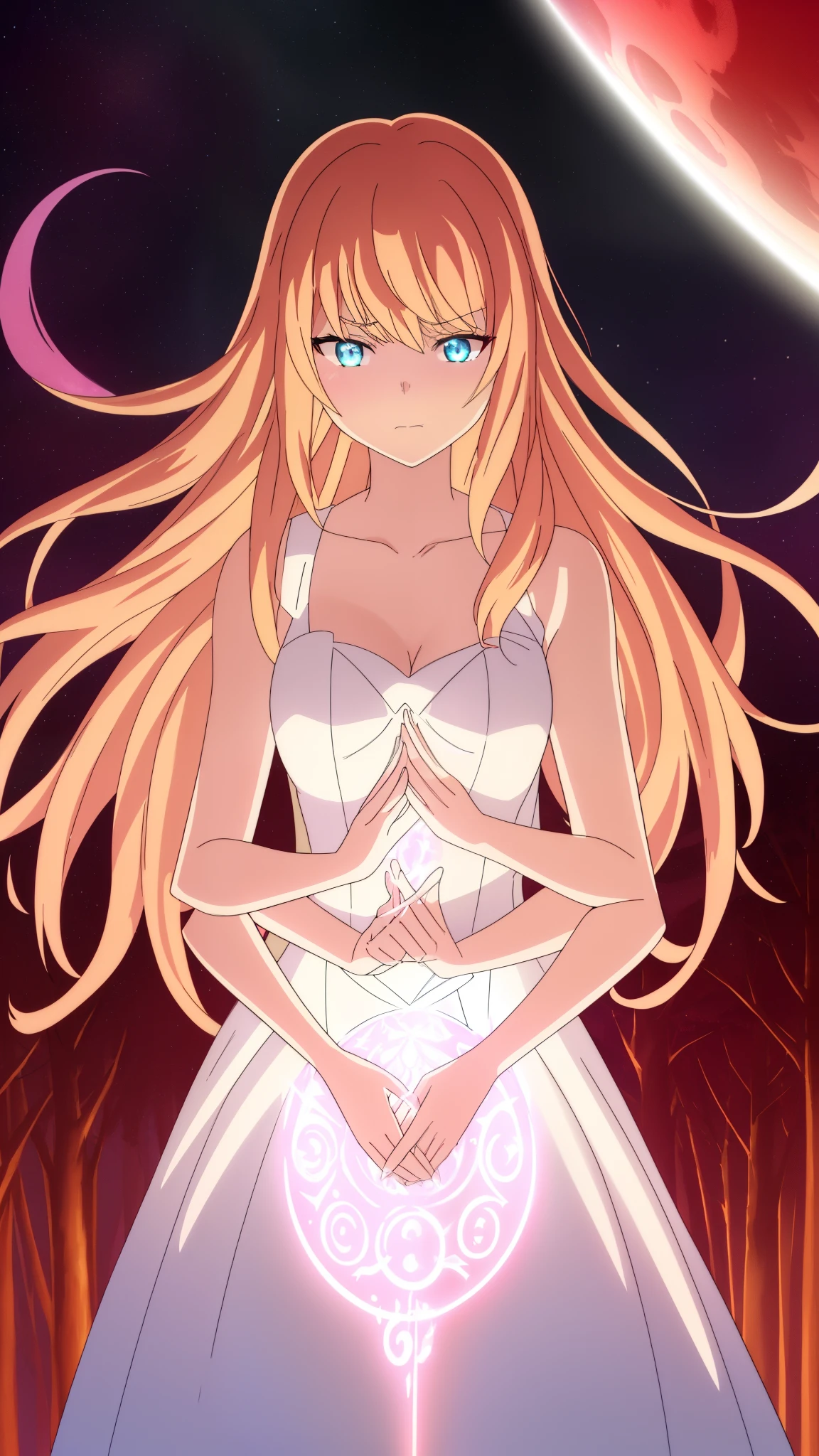 beautiful girl, puffy tiered ballgown, vibrant pastel colors,(20years old,madure female),(angry),closed mouth,white dress,cleavage,sleeveless,((glowing blonde long hair)), magical lights, sparkling magical liquid, inspired by Glen Keane, inspired by Lois van Baarle, disney art style, by Lois van Baarle, glowing aura around her, by Glen Keane, jen bartel, glowing lights! digital painting, flowing glowing hair, glowing flowing hair, beautiful digital illustration, fantasia background, whimsical, magical, fantasy, ((masterpiece, best quality)), intricate details, highly detailed, sharp focus, 8k resolution, sparkling detailed eyes, liquid watercolor,red theme,red moon,forest,night,(extra arms)