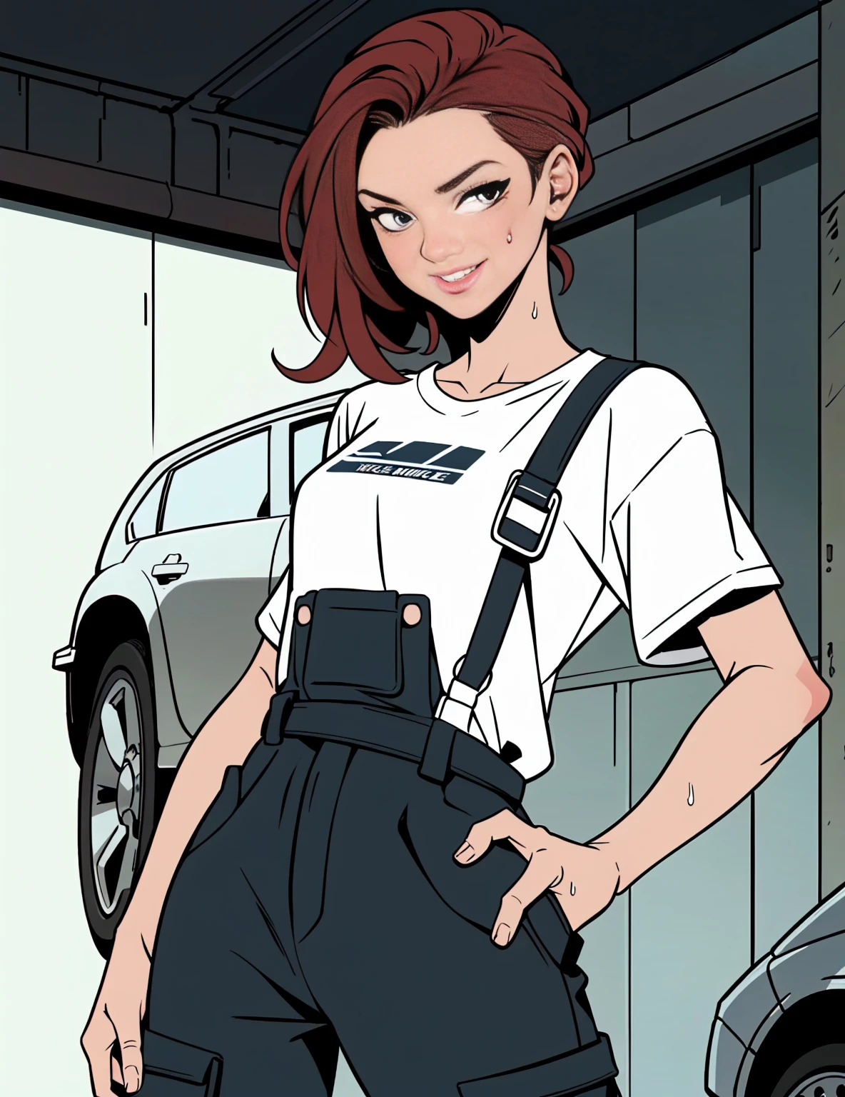 (detailed), beautiful woman, dark red hair, pale skin, wearing loose [black:dark blue:0.5] baggy racing cargo pants full [jumpsuit|overalls], (baggy loose untucked tshirt), branded yokohama logo clothes, racing neck brace, oily sweaty grimy skin, threadbare scuffed clothes, smirk, lips parted, detailed wet hair, (racing harness), dirty, car mechanic, garage, ((high detailed skin, skin details)), detailed cloth folds, detailed cluttered busy small run down garage background, indoors, hand in pocket, 8k uhd, dslr, high quality, film grain, (intricate linework:1) outlines, professional comic book style flat colors